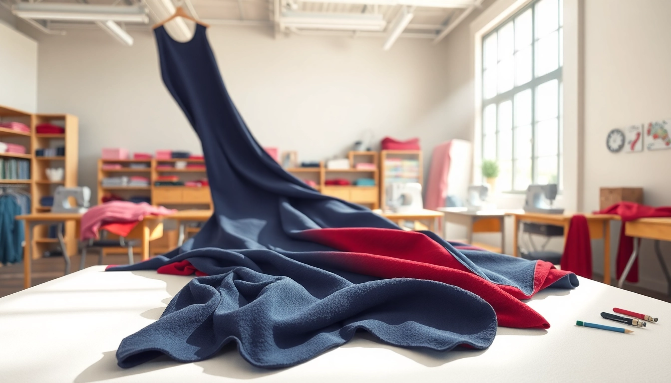 Jogging stoffen in diverse kleuren en texturen op een werktafel met naai-tools in een lichte studio.
