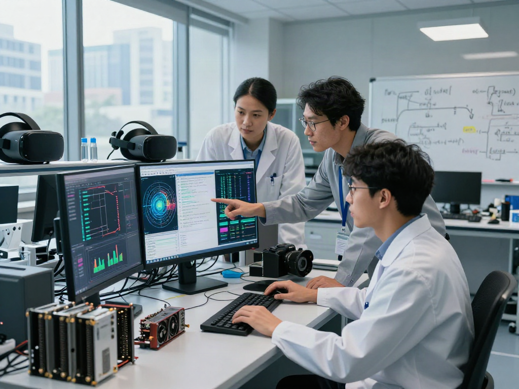 Team analyzing AI-generated image detection results in a high-tech lab.