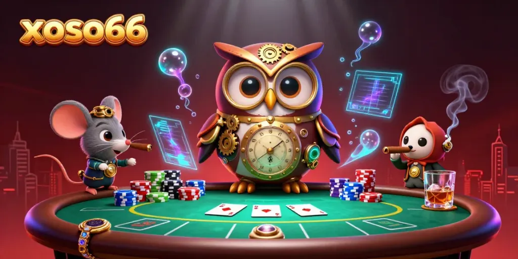 Experience xoso66 with this vibrant, dynamic casino scene where a time-traveling owl and mouse play poker.