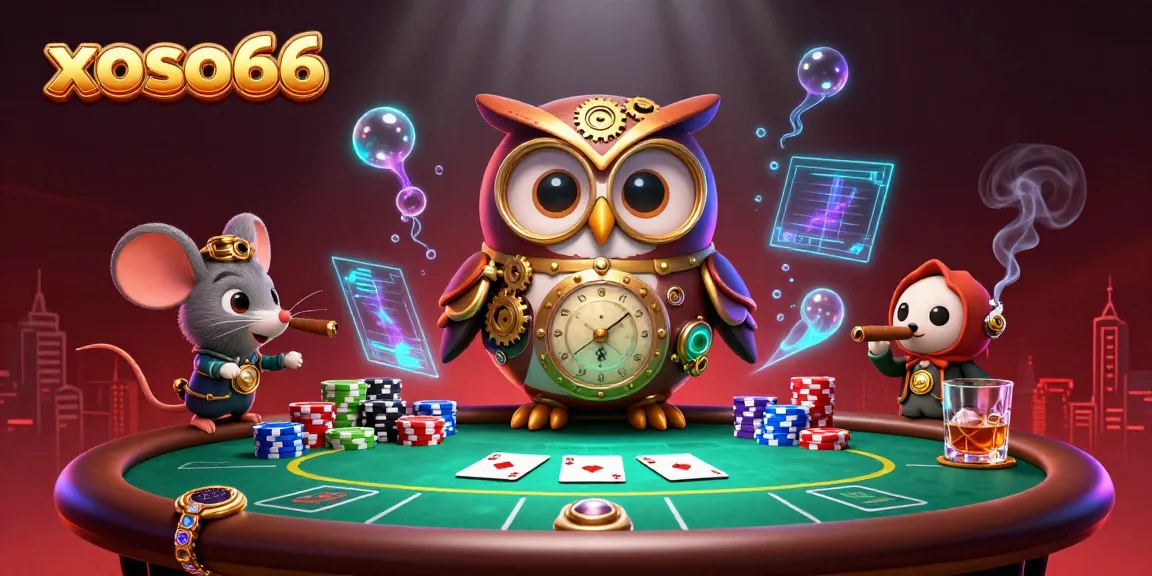 Experience xoso66 with this vibrant, dynamic casino scene where a time-traveling owl and mouse play poker.