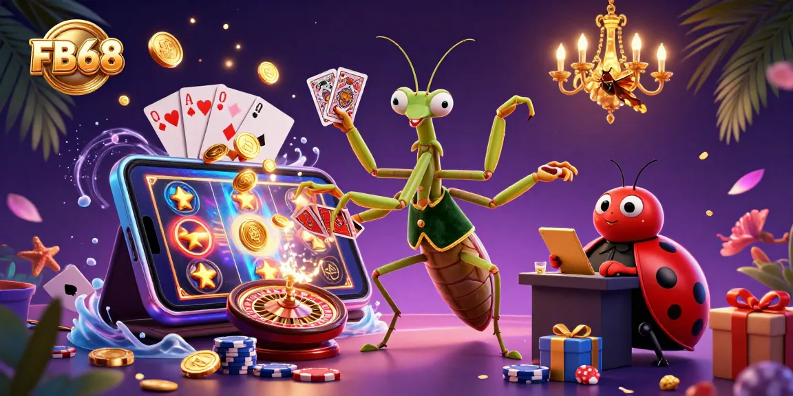 Experience exciting slots at FB68 with a vibrant scene featuring dynamic gambling elements, golden coins, and energizing visuals.