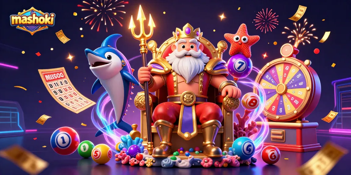 Experience mashoki excitement with Neptune and lively lottery game elements in a vibrant casino scene.