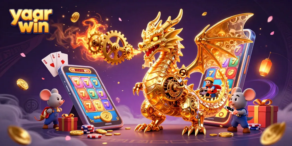 Experience the thrill of yaar win with a dragon amidst vibrant casino elements and spinning reels.
