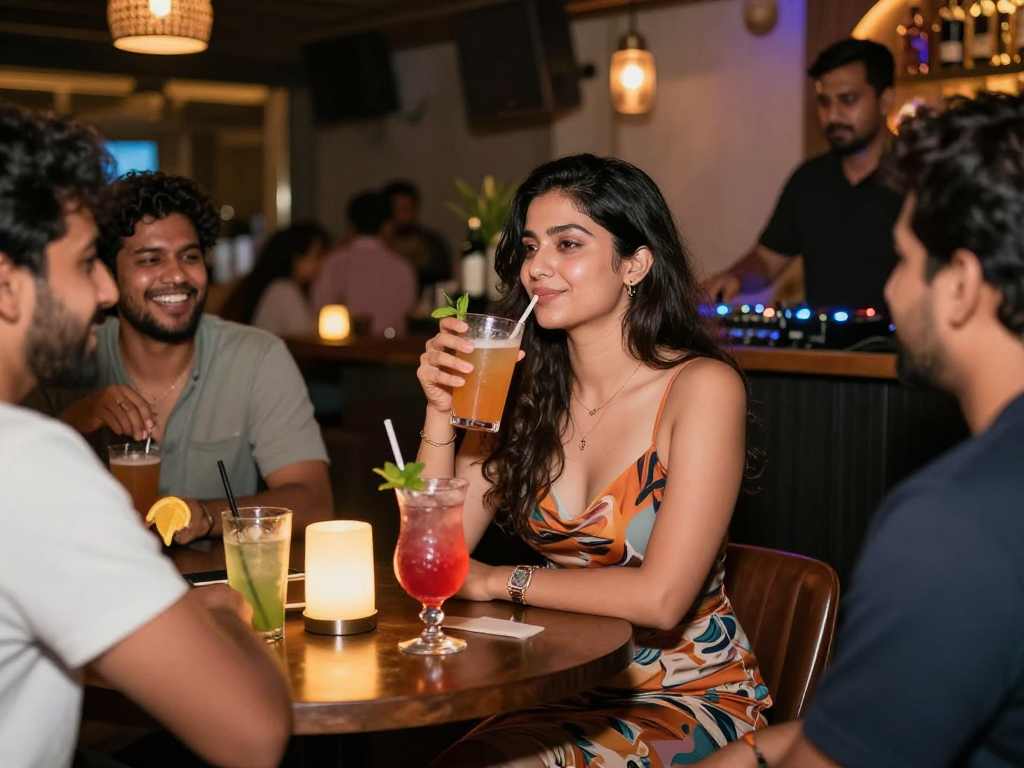 Call girls in goa enjoying a vibrant nightlife scene at a stylish bar, showcasing laughter and connection.