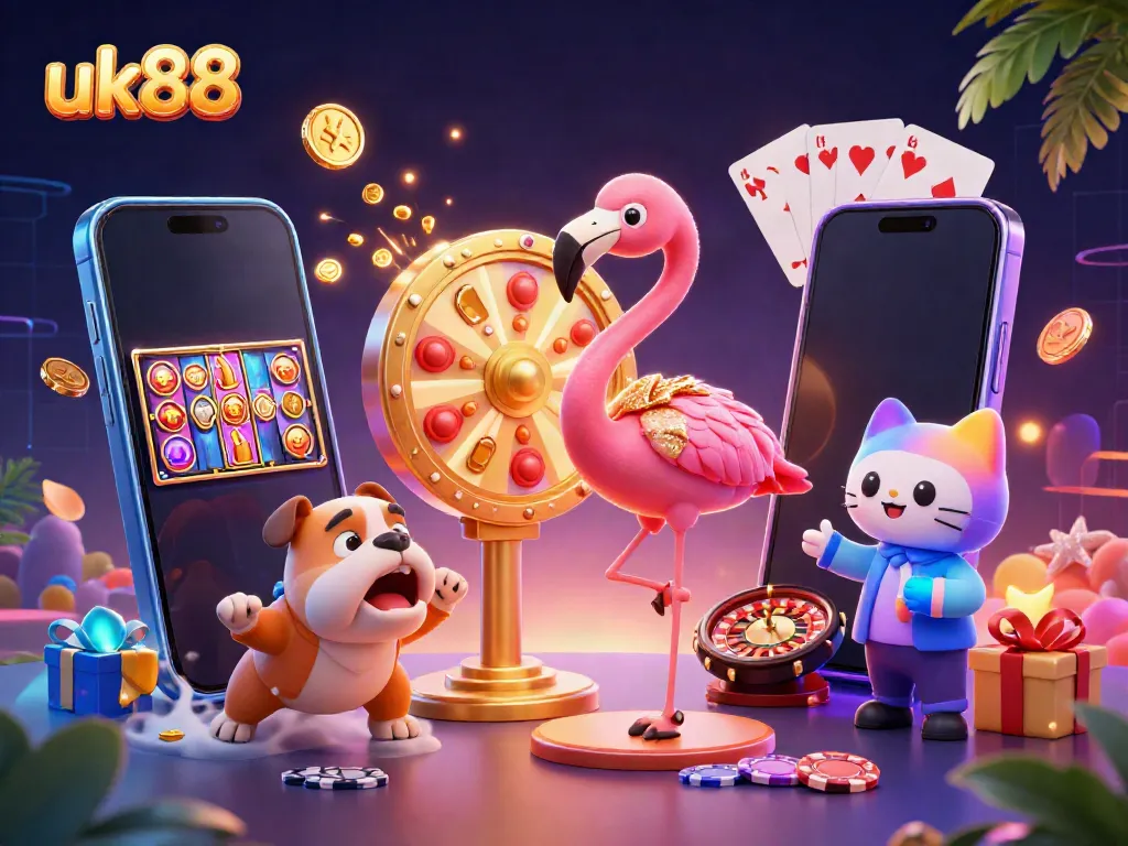 Experience thrilling gameplay at uk88 with our lively casino scene featuring a flamingo, bulldog, and vibrant slot game!