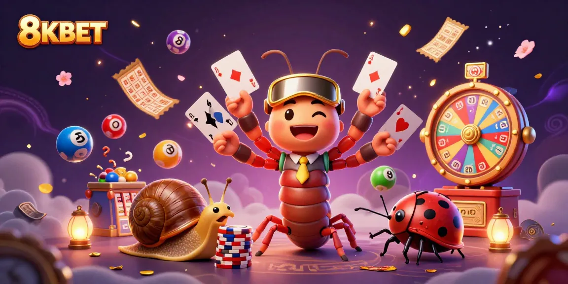 Engage with 8KBET's dynamic 3D casino illustration showcasing a millipede dealer and vibrant lottery elements.