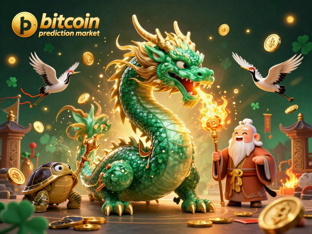 Engage with the bitcoin prediction market through vibrant dragons and lucky tokens.