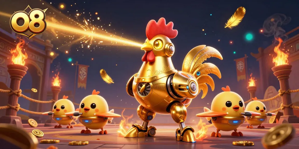 Engage in thrilling betting at o8 with a dynamic scene featuring a golden rooster robot and baby chick drones.