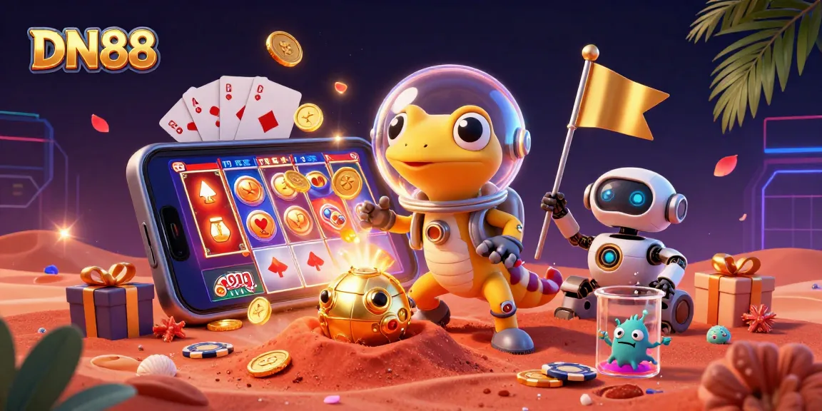 Join the excitement of DN88 with a Martian gecko discovering a gold casino on Mars, surrounded by vibrant slot game elements.