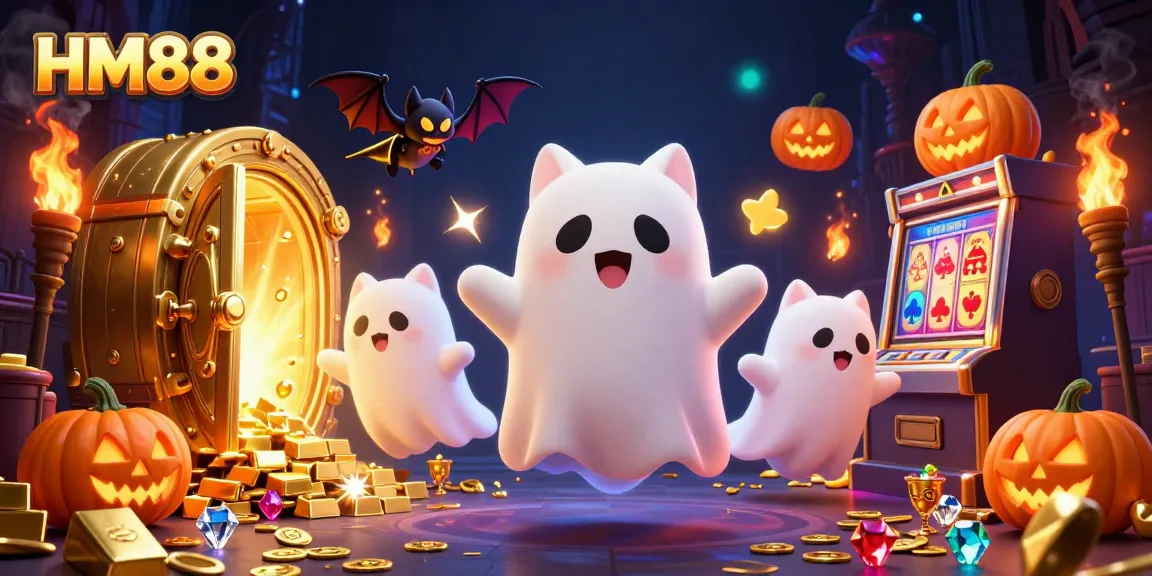 Experience thrilling gameplay at HM88 with ghostly cat and treasures in a haunted casino.