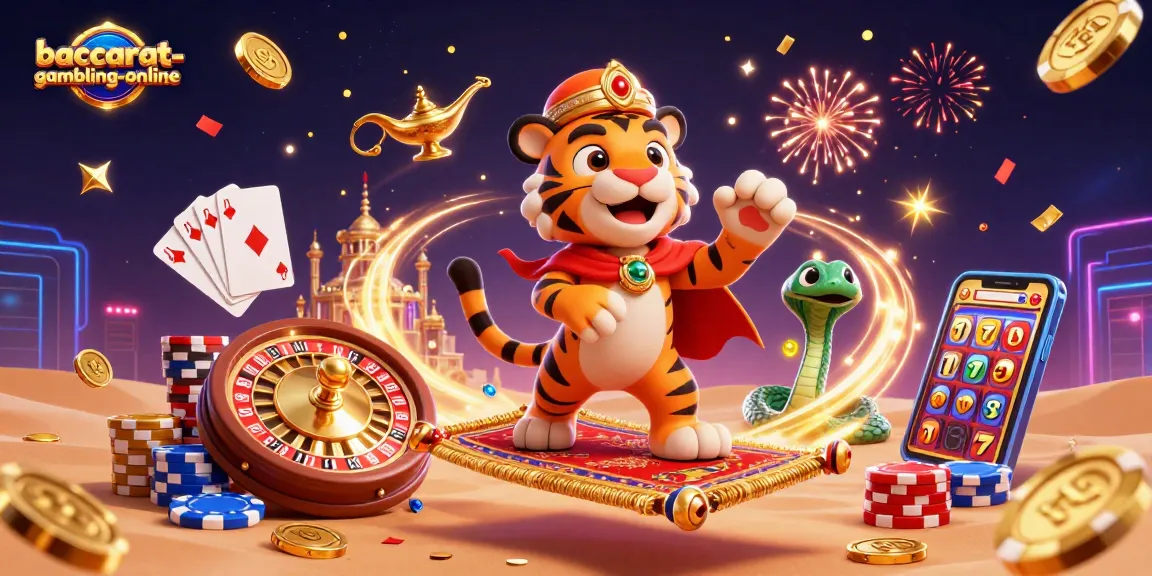 Baccarat-gambling-online showcases a vibrant casino scene with a sultan and genie, chips, and gold coins.