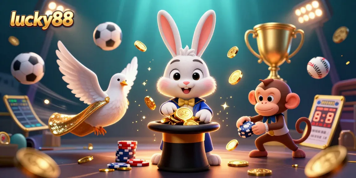 Immerse in lucky88's vibrant casino scene with a magician rabbit and playful characters.