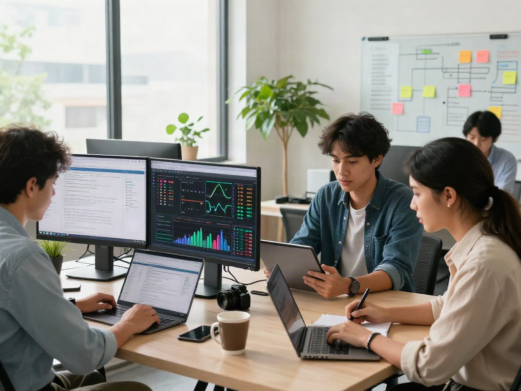 Team collaborating on document fraud detection software project in modern office, analyzing data.