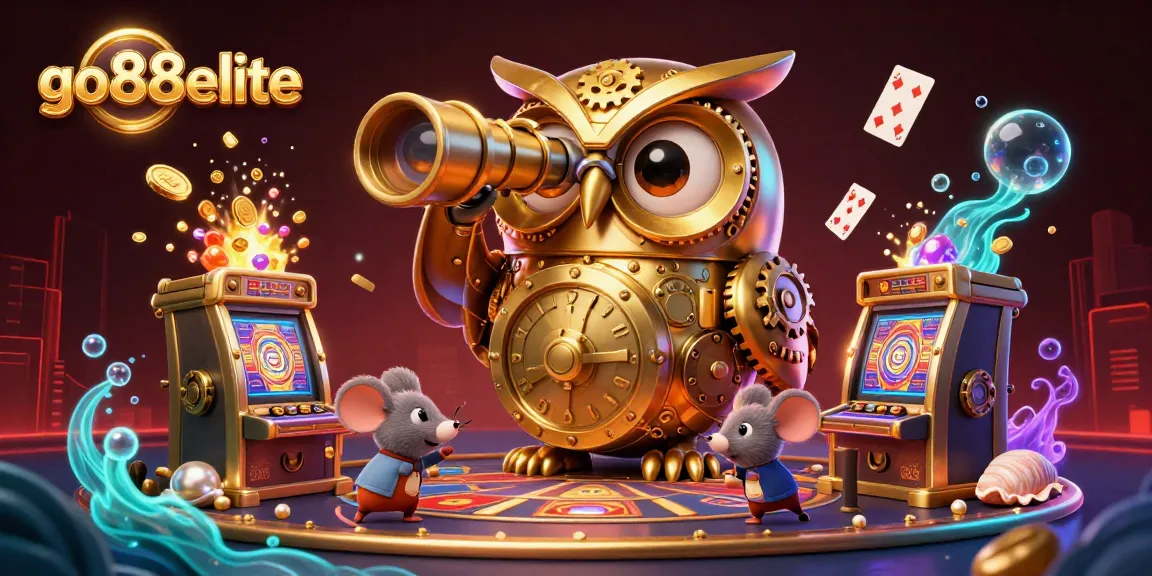 Experience the vibrant world of go88elite with a dynamic casino scene featuring a golden owl and slot machines.
