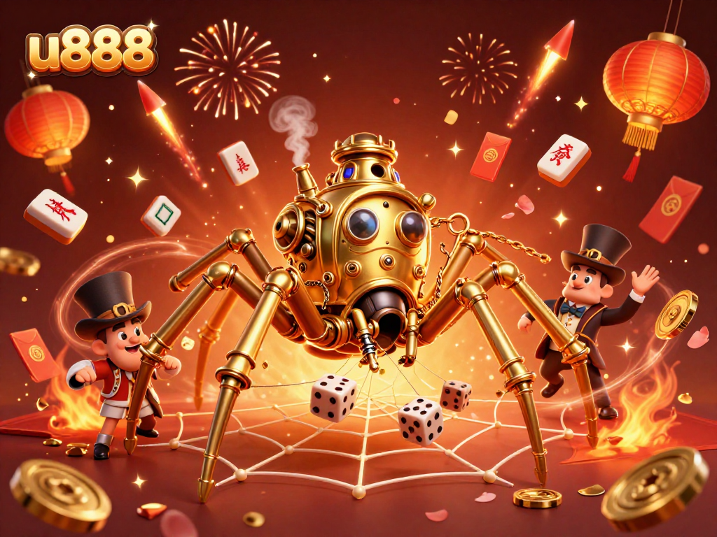 Experience the vibrant excitement of u888 in this dynamic 3D casino scene packed with action.