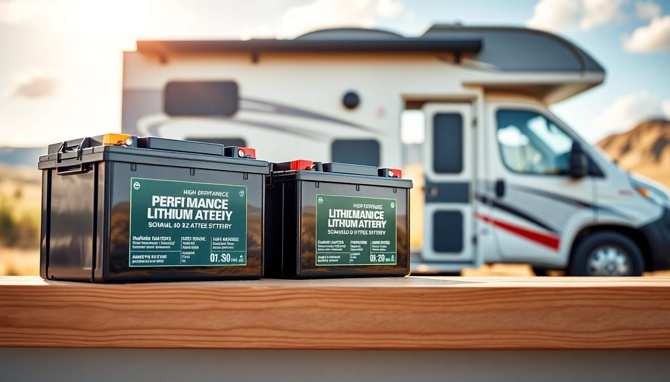Explore the high-performance lithium RV batteries showcased in a sunny camping setting.