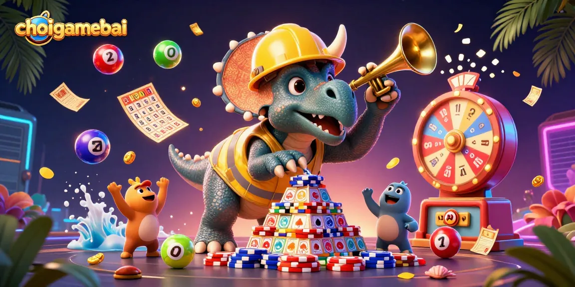 Join the action with choigamebai as the triceratops stacks poker chips in this vibrant 3D casino scene.