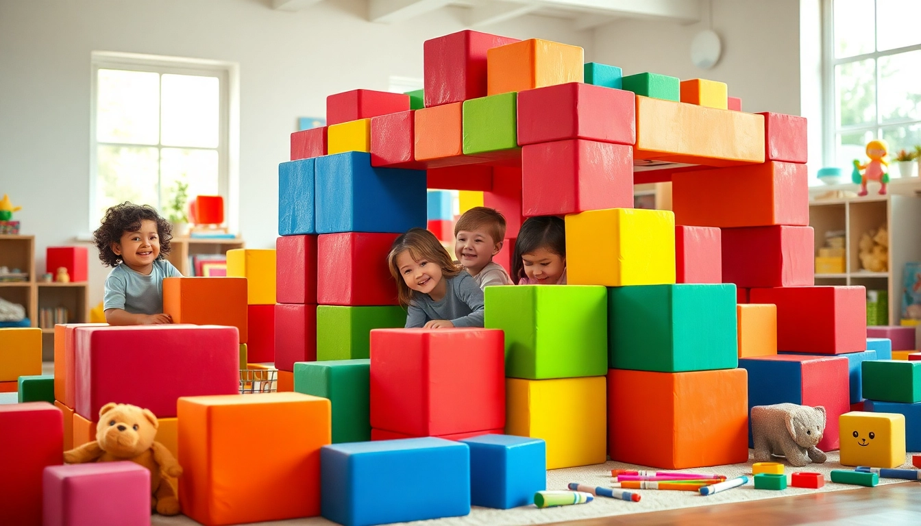 Discover more about kids engaging with giant building blocks in a vibrant indoor play area.