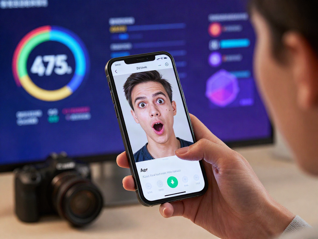 How old do I look? User engaging with AI age estimation app on smartphone.