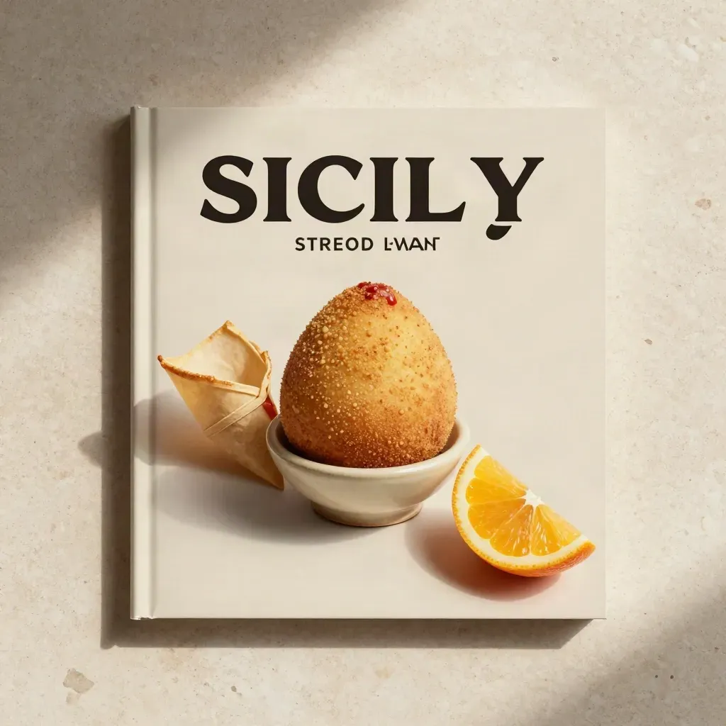 Overhead flatlay of Sicily street food guide folio with ceramic arancini, paper cone, and citrus wedge