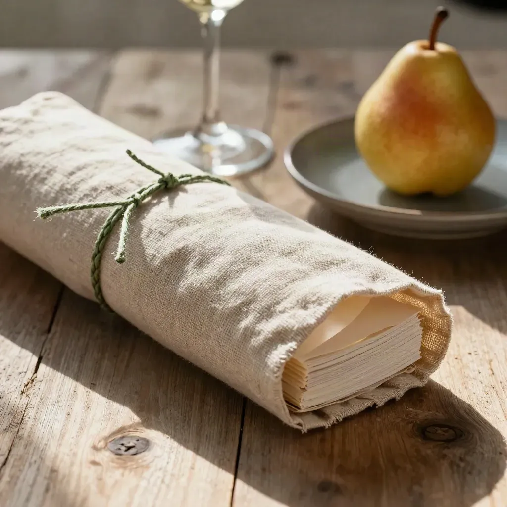 Linen-wrapped Tuscan guide bundle on weathered wood with pear, wine stem and ceramic saucer