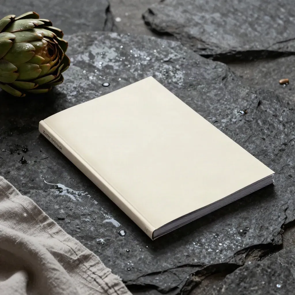 Cream Rome Food Guide booklet on wet basalt with artichokes and linen, lit dramatically from above left.