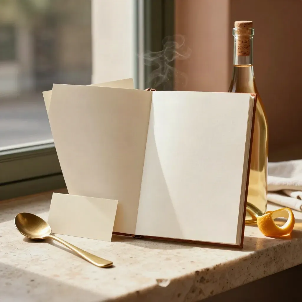 Blank-bound travel guides, wine bottle, brass spoon, citrus peel on a stone sill