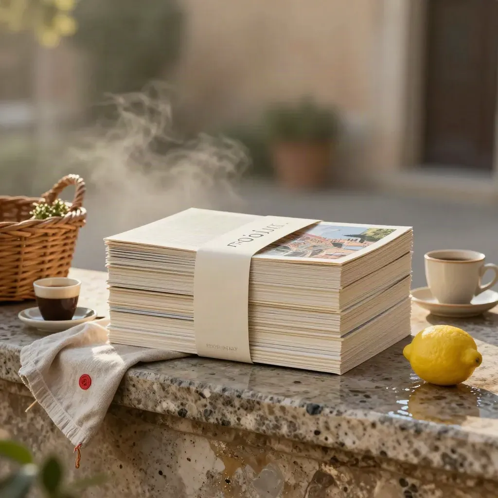 Wrapped Italian travel guide pack beside espresso, lemon, linen and basket on wet travertine.