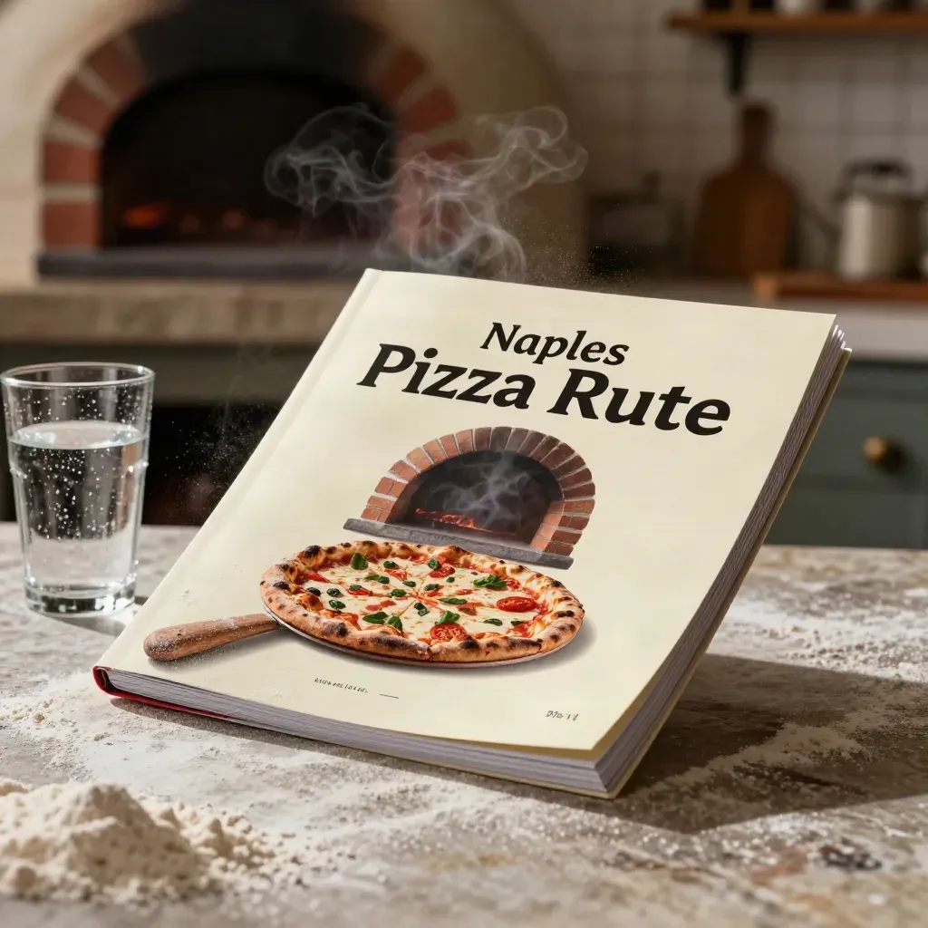Blank Naples Pizza Route booklet beside a peel, water glass and flour on a stone counter.