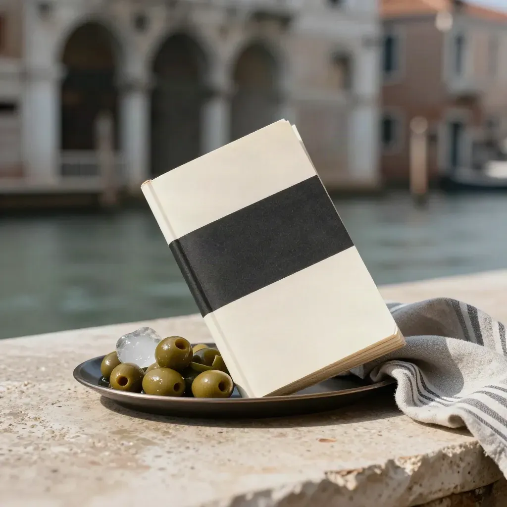 Venice guide folio with olives, ice shard, and striped linen on travertine