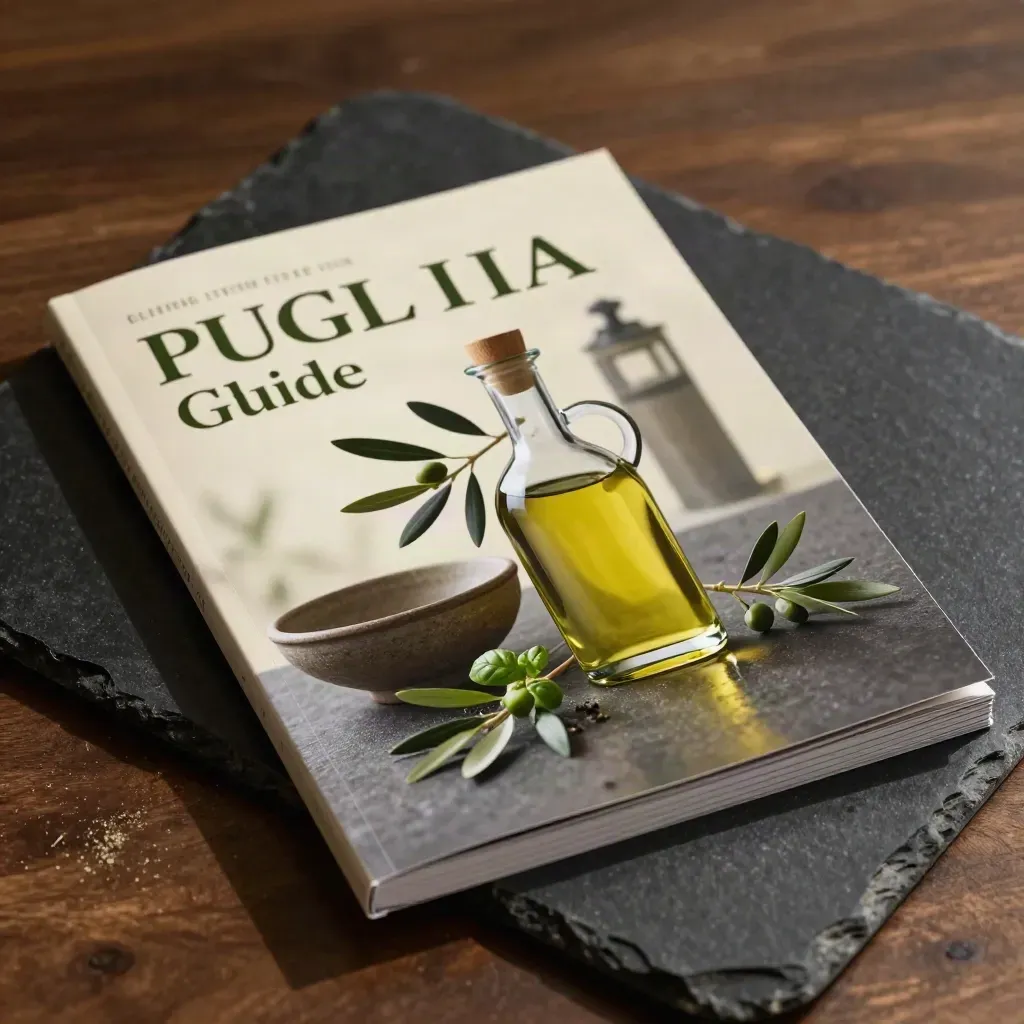 Cream Puglia olive oil guide booklet with olive leaves, cruet, and ceramic bowl on dark stone.