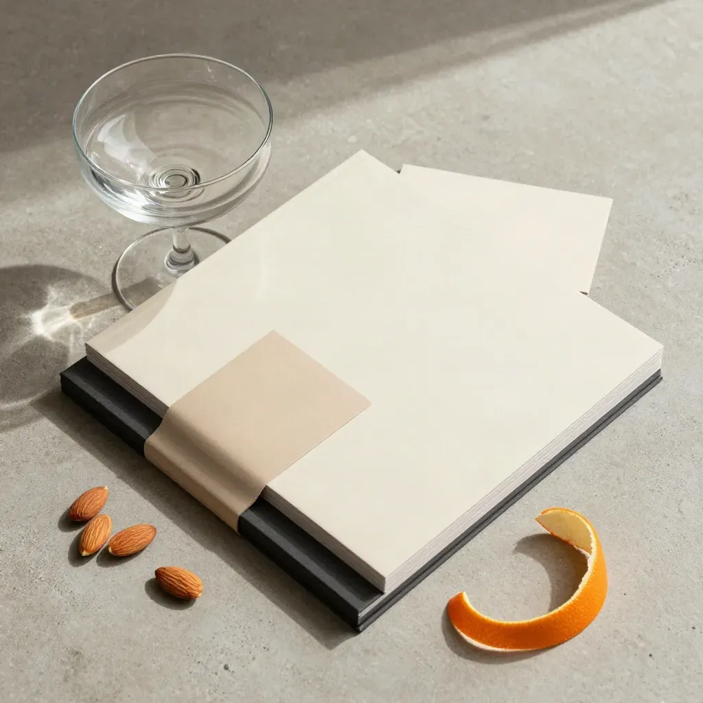Overhead aperitivo guide stack, coupe glass, almonds and orange peel on concrete