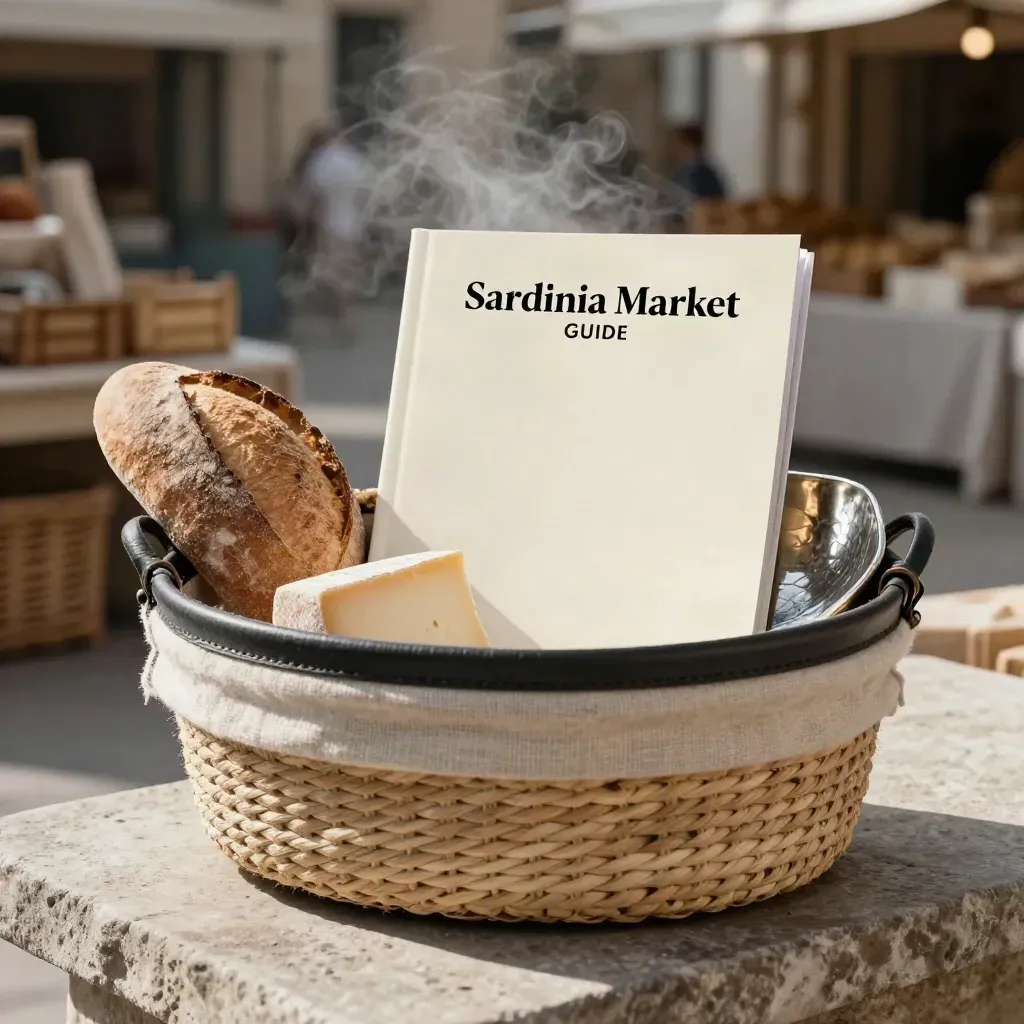 Blank Sardinia guide in a woven basket with bread, cheese and a metal bowl on a stone bench.
