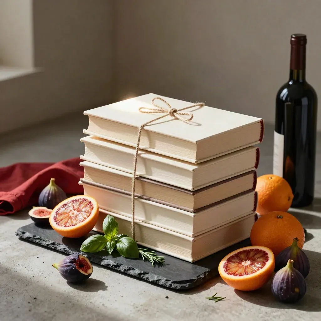 Twine-tied guide books with citrus, herbs, and wine on a dark studio surface.