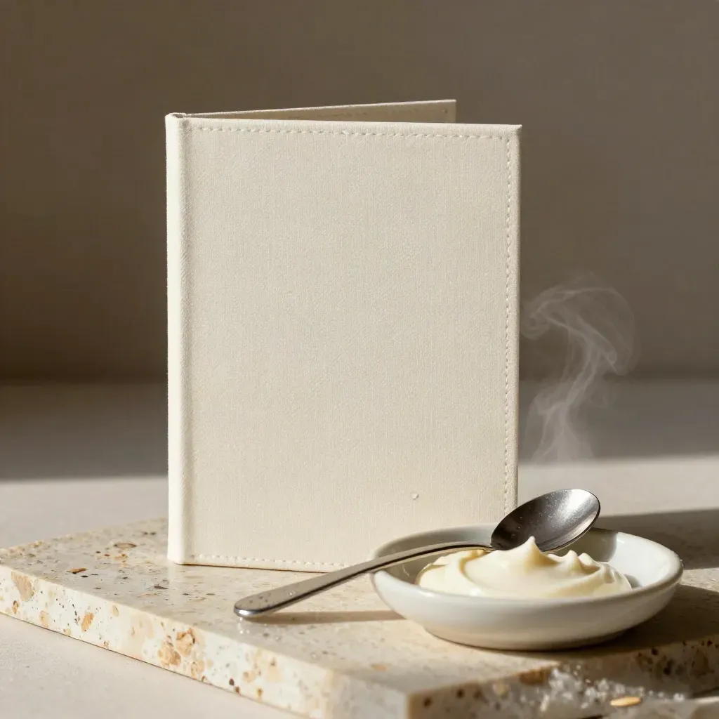 Cream gelato guide booklet with scoop and ceramic dish on a cold travertine slab