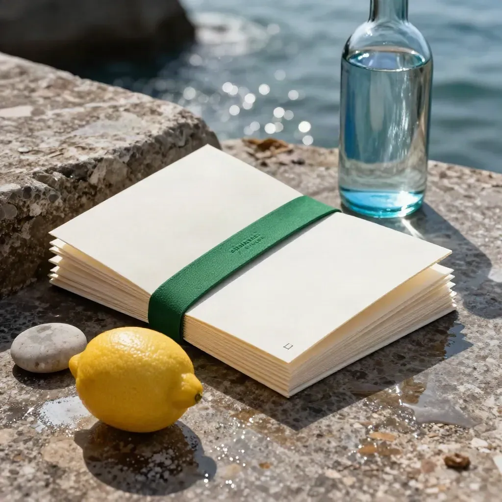 Folded Amalfi Coast route folio beside lemon and blue bottle on a dark stone terrace