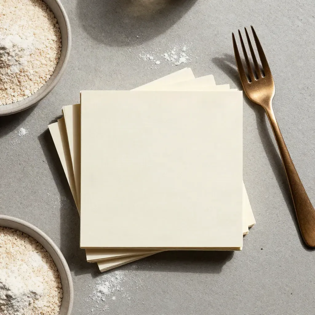 Overhead flatlay of note cards, bronze pasta fork, semolina dish and flour on concrete.
