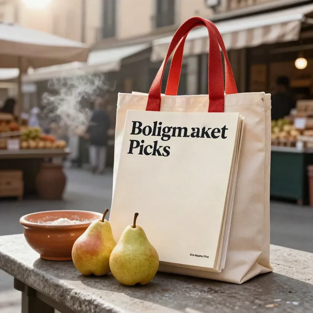 Guide bundle in a market tote with pears, cheese paper, and a clay bowl on a stone bench