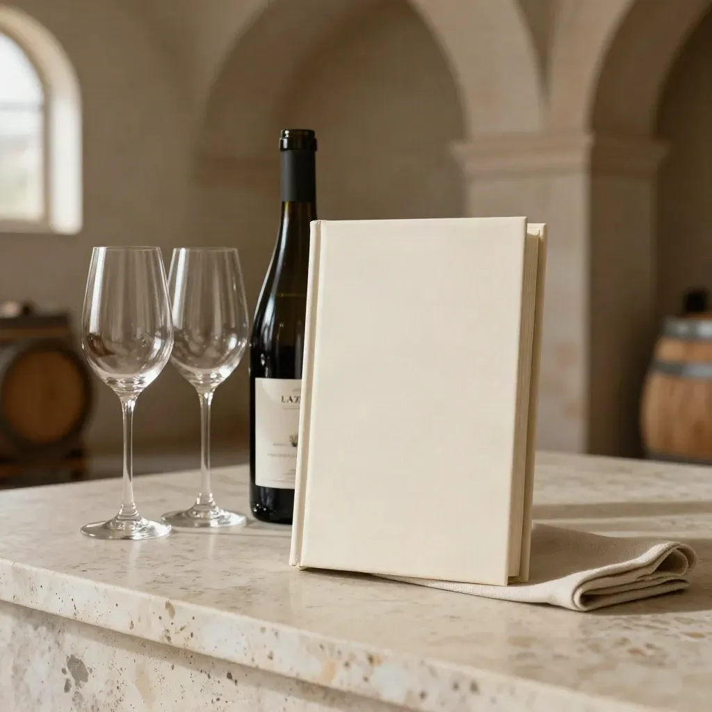 Cream Lazio wine pairing folio with unlabelled bottle, two glasses and linen on travertine.