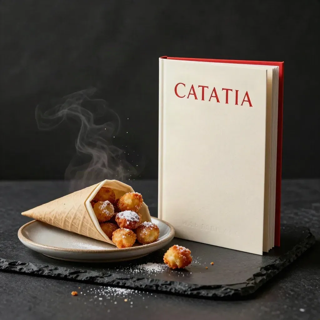 Catania snack guide booklet, paper cone, sugared pastry and ceramic plate on dark stone