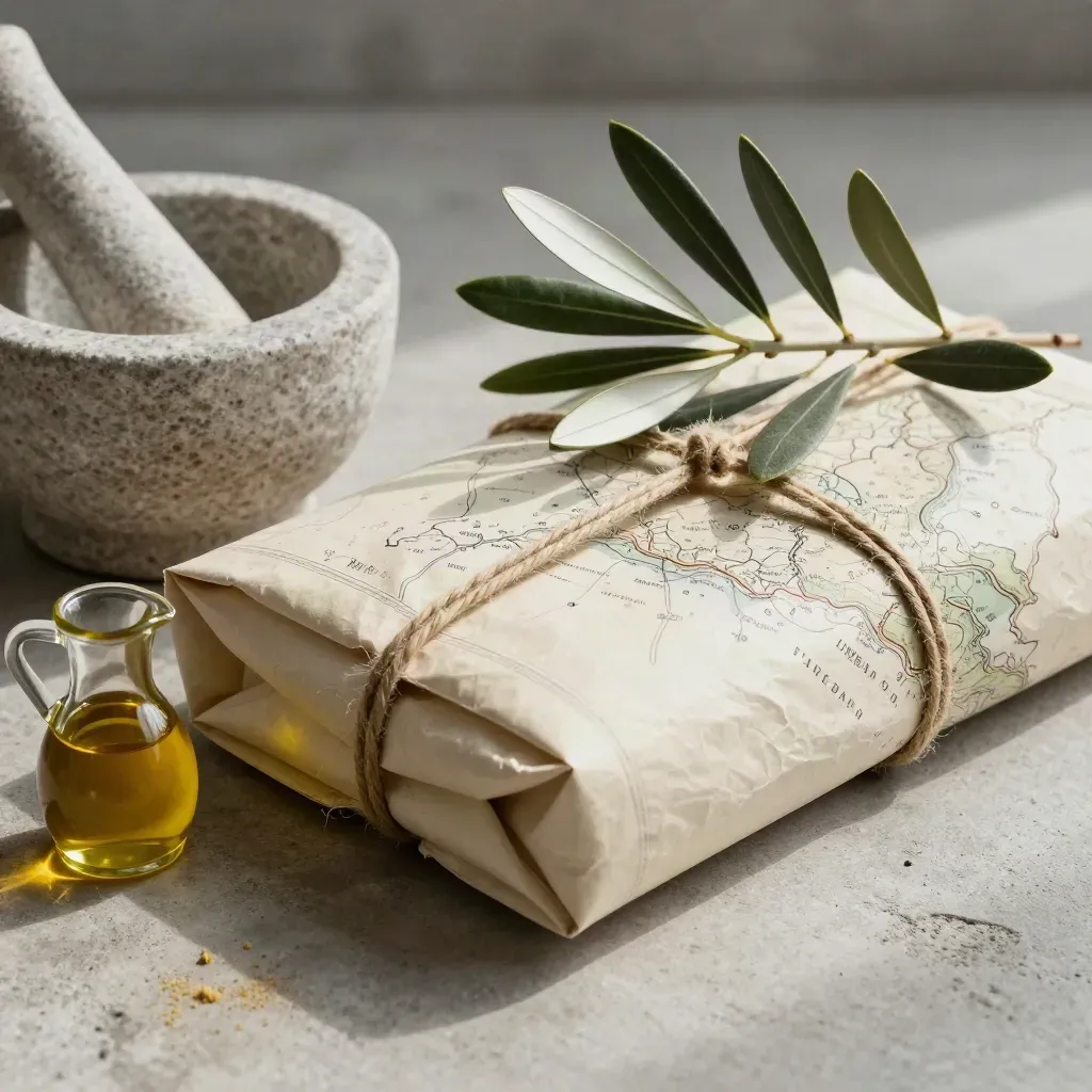 Cream guide bundle with olive branches, cruet, and stone mortar on concrete