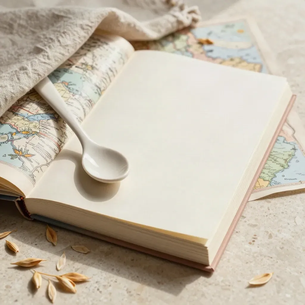 Overhead macro of a cream guide book stack with colored edges, spoon, and linen on travertine.