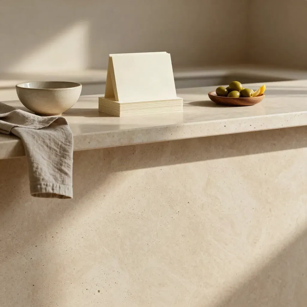 Travertine tasting counter with cream cards, ceramic bowl, olives, and linen in warm sun.