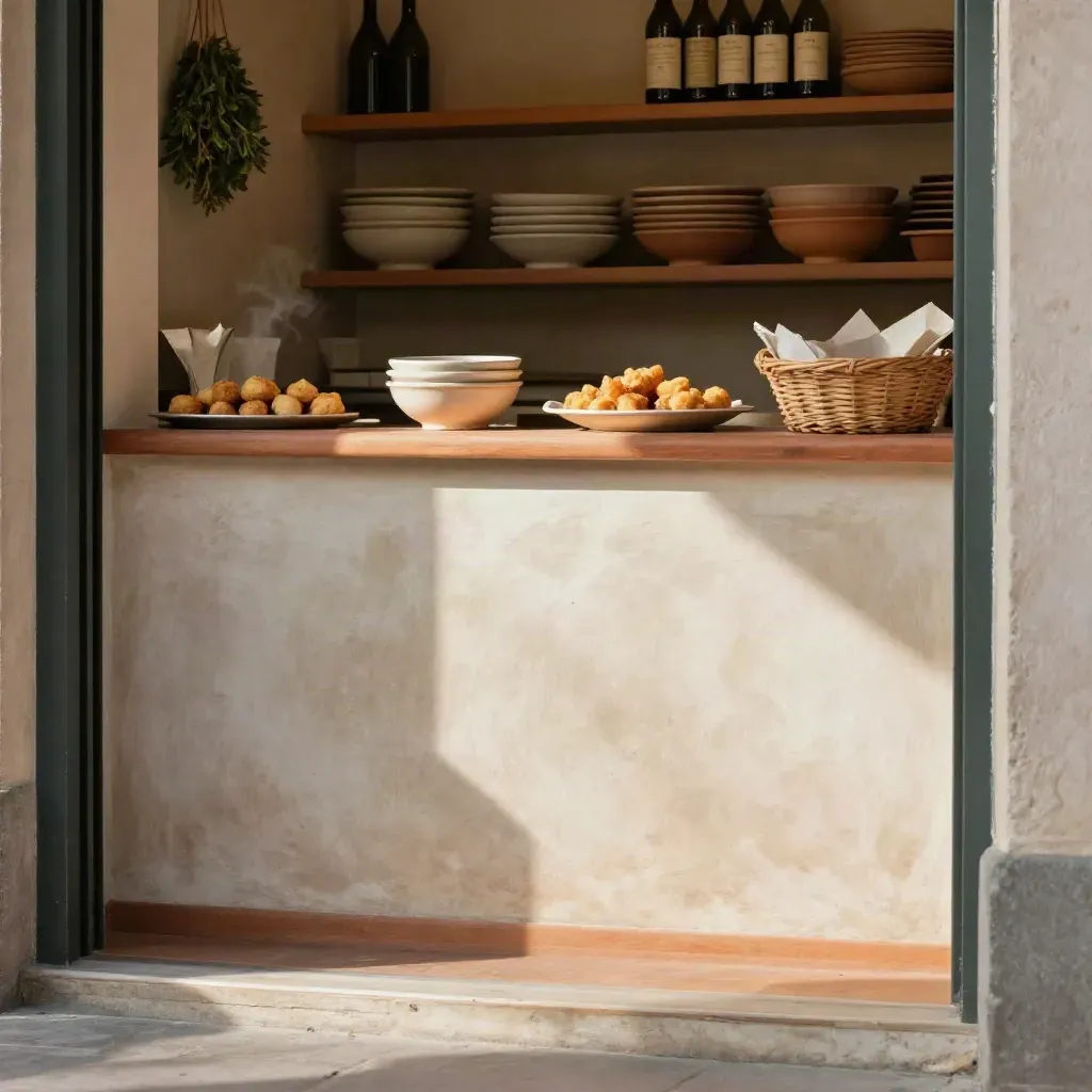 Quiet trattoria interior with herbs, bottles, and open space for headline copy.