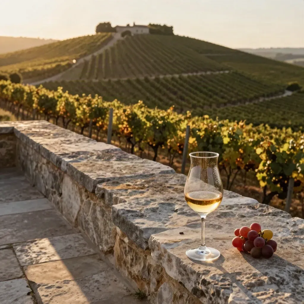 Golden vineyard terrace with a stone parapet and carafe above calm open copy space