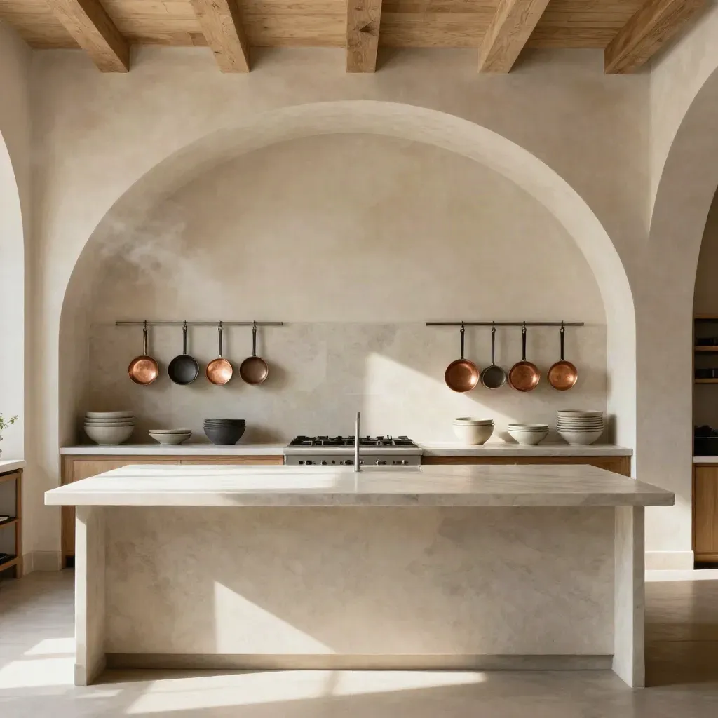 Sunlit cooking school kitchen with arches, copper pans, and an empty prep island.