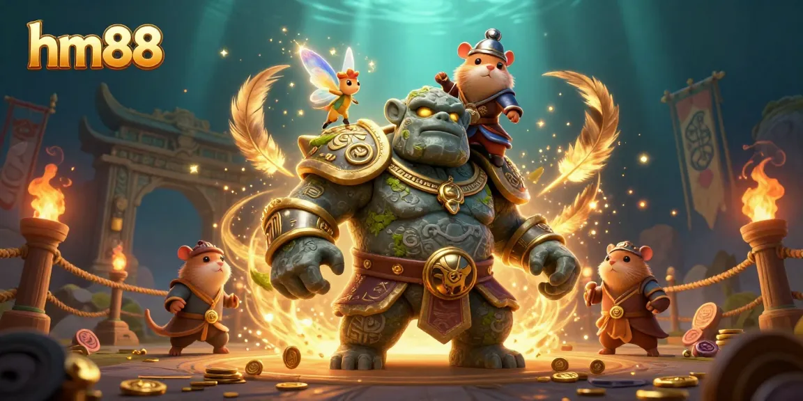 Experience the magic of hm88 with a dynamic scene showcasing a golem guardian, fairy, and hamster knight amidst gold coins and gambling elements.
