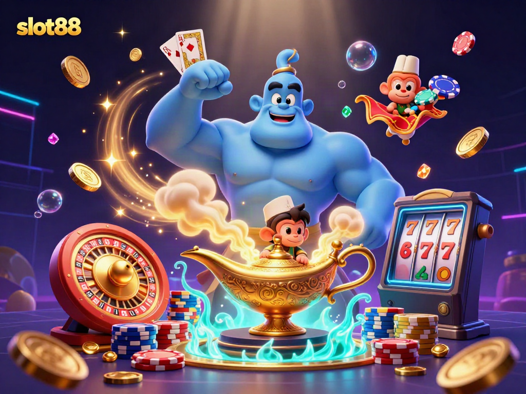 Engage in thrilling slot88 adventures with a cartoon genie amidst immersive casino elements.