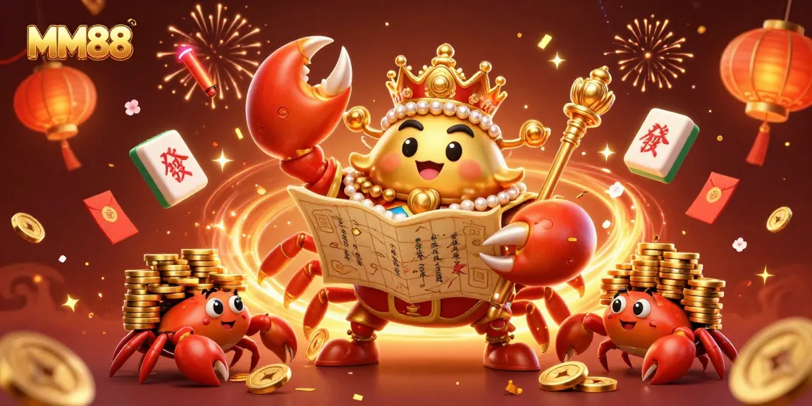 Engage with MM88's vibrant gaming universe featuring a golden crab emperor and flowing treasures.