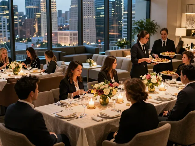 Elegant display of event furniture rental at a luxurious corporate gathering, showcasing high-end tables and ambiance.